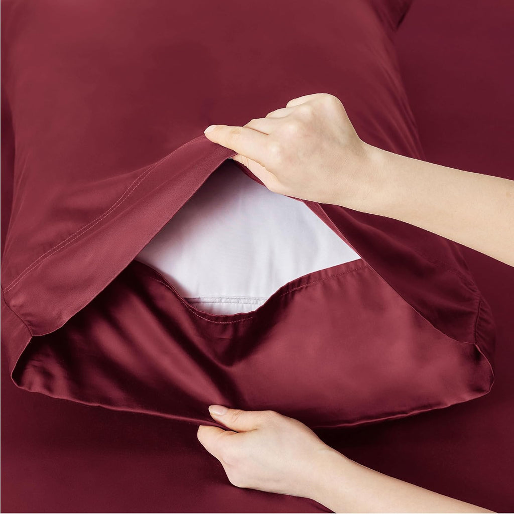Bedsure Cooling Twin XL Sheets - Breathable Rayon from Bamboo, Soft & Silky, Deep Pocket Up to 16 Inches, Burgundy