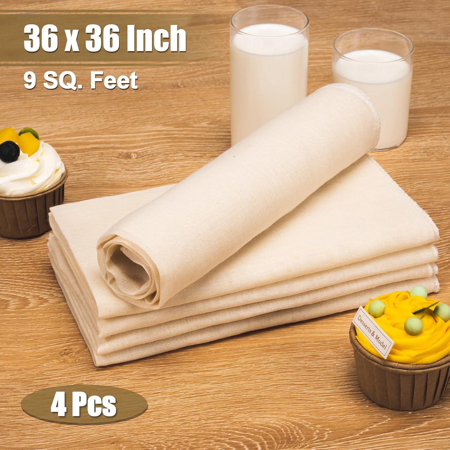 Skiennix Cheese Cloths - 4PCS 36x36 Inch Unbleached Cotton Straining Cloths for Cooking & Cheese Making