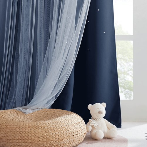 Pony Dance Star Curtains for Girls Bedroom - Double Layer Sheer Overlay with Bowknot Lace for Kids Room Decor Princess Star Hollow Out, 52" W x 84" L, Navy, 2 Pieces