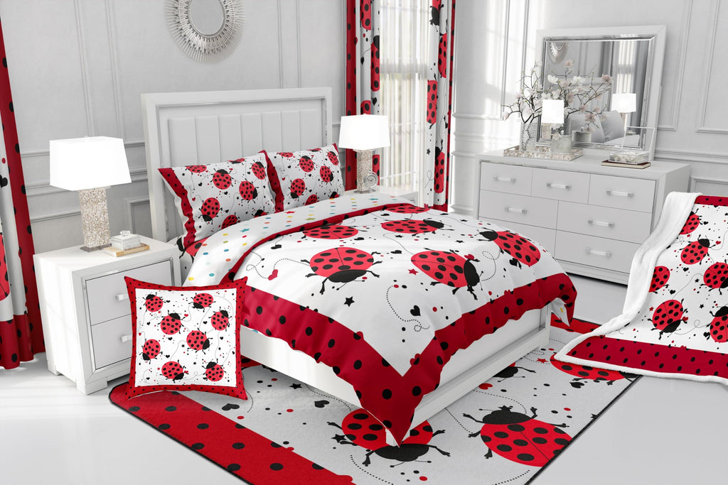 Red Ladybug Comforter Set Twin Size Cartoon Ladybugs Bedding Set for Kids Child,Cute Ladybird Reptile Duvet Insert Beetles Bugs Pattern Bed Quilt Chic Nature Art Lady Beetle Wild Animal Room Decor