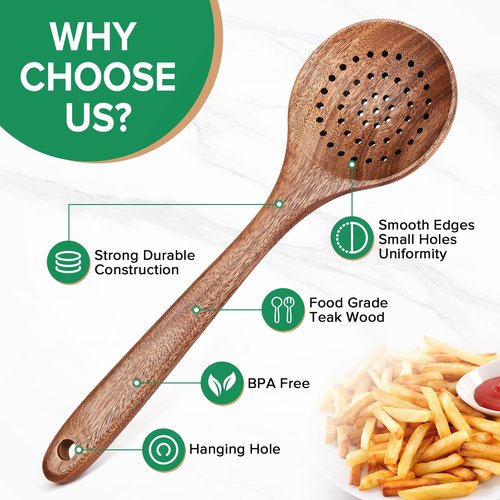 Wooden Cooking Utensil, Teak Slotted Spoon for Cooking, Natural Wood Colander Ladle Spoon with Holes, Long Handle Teak Skimmer Strainer Spoon with Teeth for Straining Draining Egg Meat Noodles,11.2″
