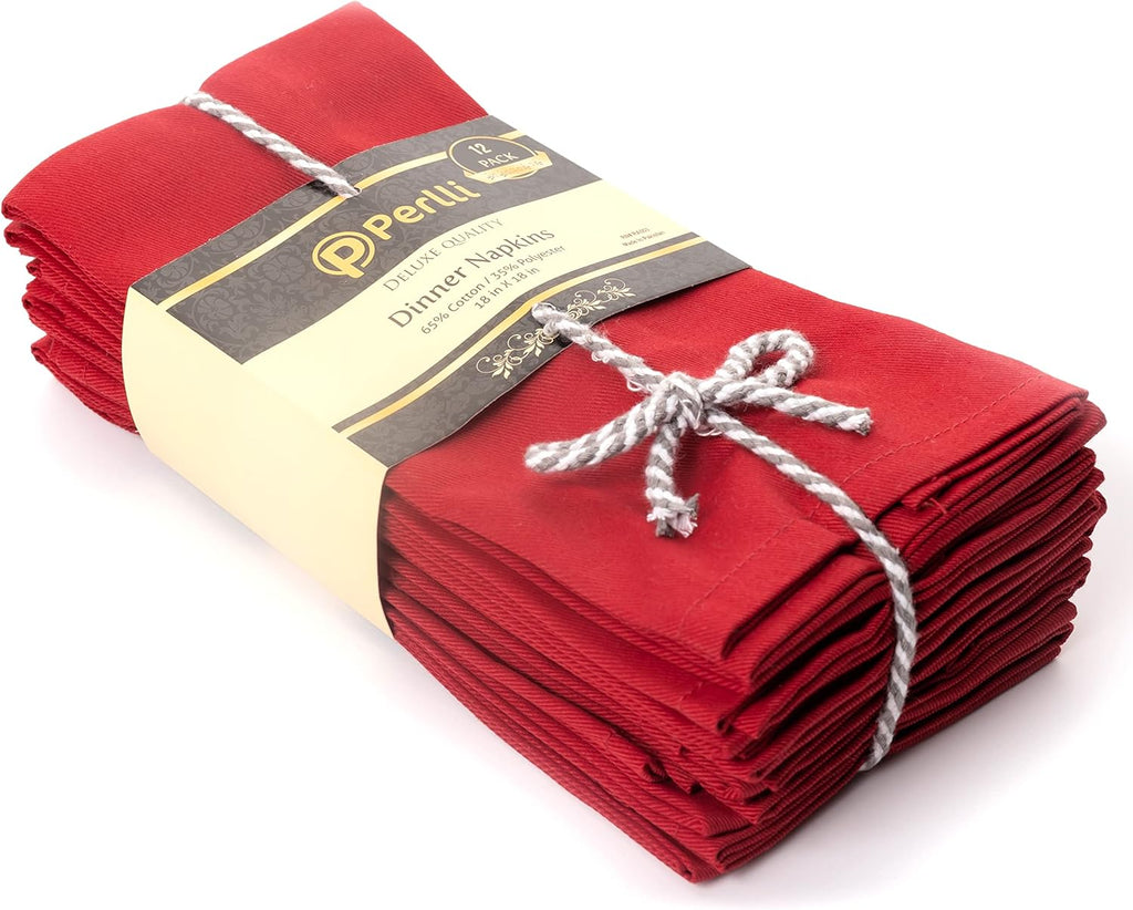 PERLLI Christmas Red Cloth Dinner Napkins - 12 Pack, 18x18 Inches, Soft Cotton Blend, Washable & Reusable