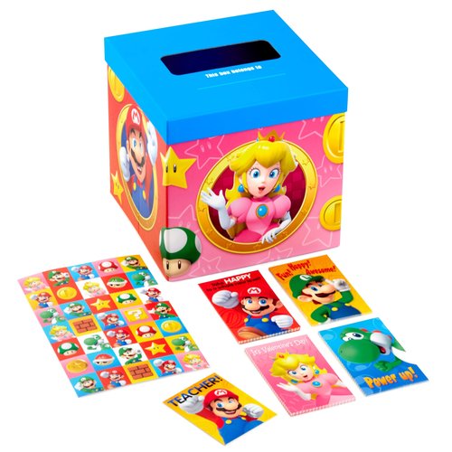 Hallmark Super Mario Bros Valentines Day Cards and Mailbox for Kids School Classroom Exchange (1 Box, 32 Valentine Cards, 35 Stickers, 1 Teacher Card)