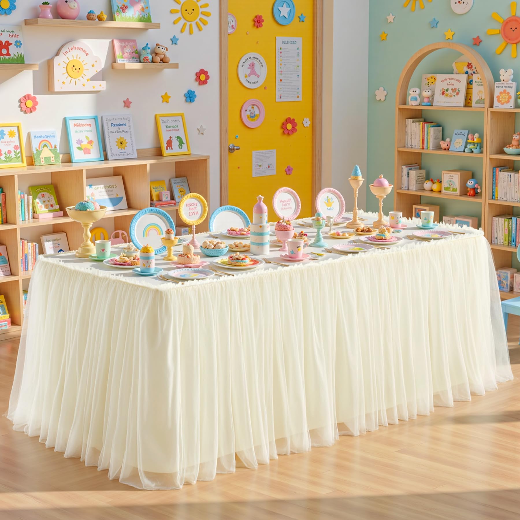 PARTISKY 21FT Length Champagne Tulle Table Skirt for Rectangle Tables 2-Layer Ruffle Tulle Tutu Cloth Desk Table Skirt for Baby Shower Girl Birthday Party Wedding Cake Dessert Decorations