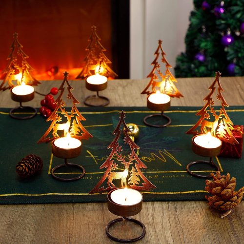 Juegoal Tea Light Candle Holders Set - Rustic Metal Tree & Reindeer Design | Holiday Table Centerpiece