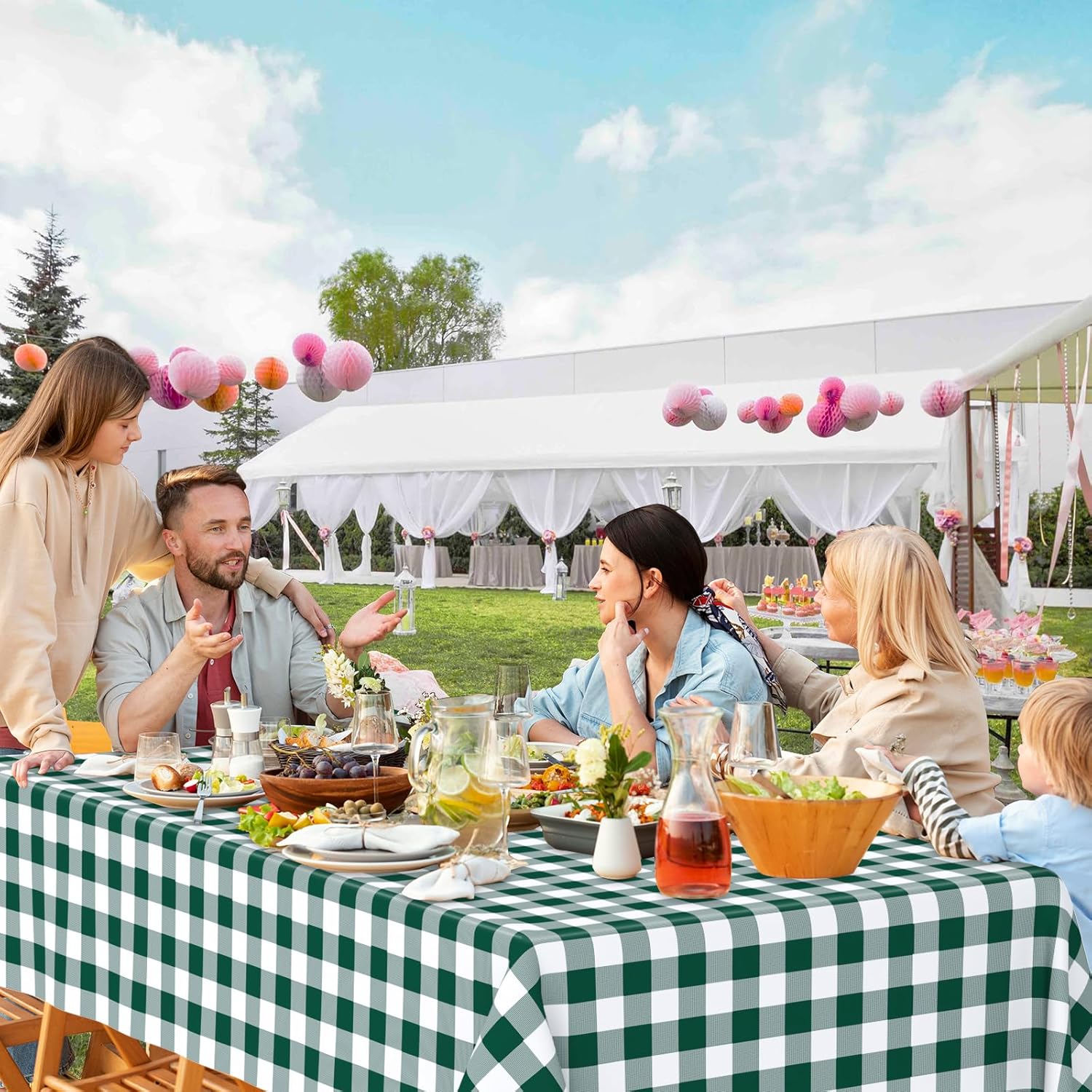 Skiennix Disposable Green Gingham Tablecloths - Waterproof Checkered Design | 54" x 108" for Parties & Picnics