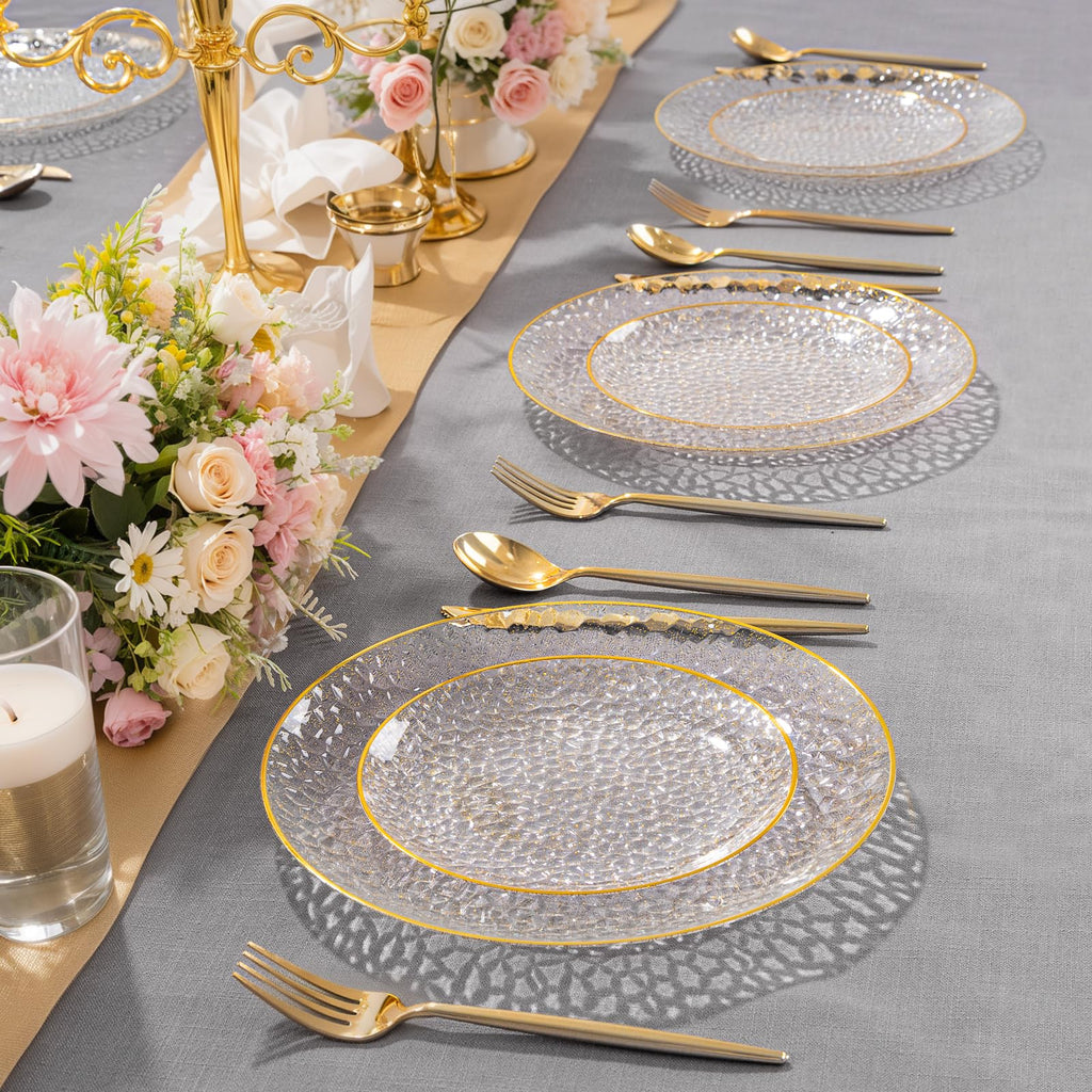 Rubtlamp 60Pcs Clear Gold Plastic Plates, Gold Glitter Disposable Plates, Hammered Plastic Plates Included 30 Dinner Plate And 30 Dessert Plates for Party