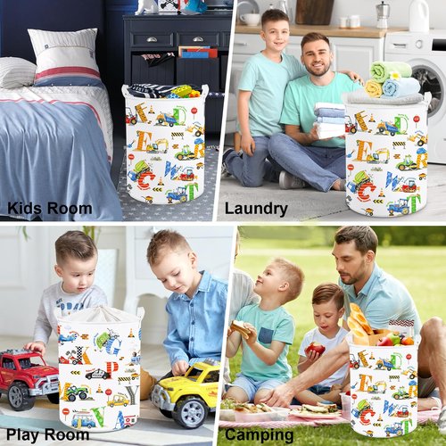 Clastyle Large Alphabet Car Kid Laundry Basket Construction Police Car Clothes Hamper for Boy Nursery Collapsible Excavator Toy Storage Basket with Lid