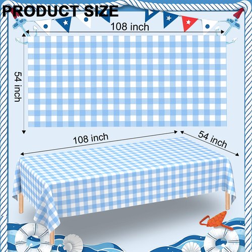 3 Pack Light Blue Gingham Tablecloth Rectangular Pale Blue and White Checkered Tablecloths Disposable Plastic Plaid Table Cover for Parties, Outdoor Picnic, Birthday, Wedding, Camping 54 × 108 Inch