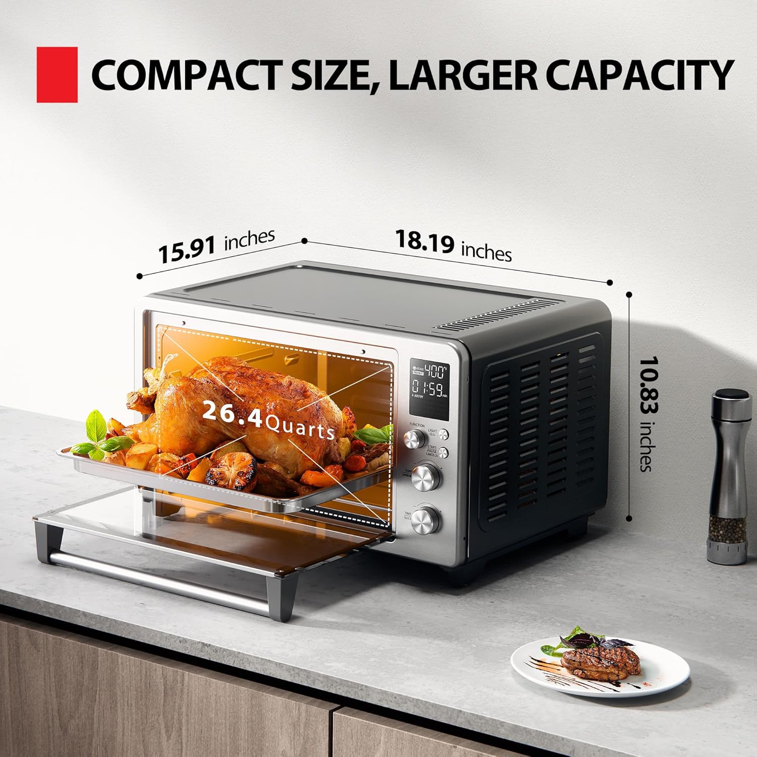 TOSHIBA ChefFry Air Fryer Toaster Oven - 26.4-Quart Stainless Steel Combo with Toast, Bake & Broil