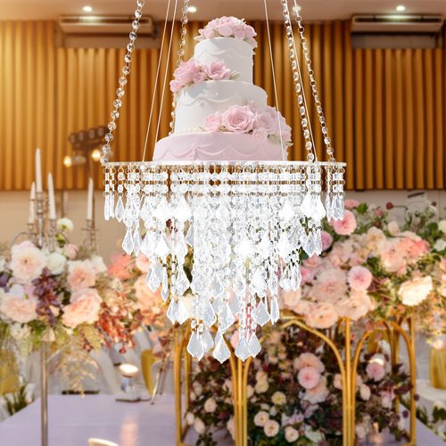 Weysat Hanging Wedding Cake Stands - 17.7'' Faux Acrylic Crystal Chandelier Style Drape Suspended Cake Swing with Crystal Chains Dessert Display Stand for Wedding Birthday Party Decoration