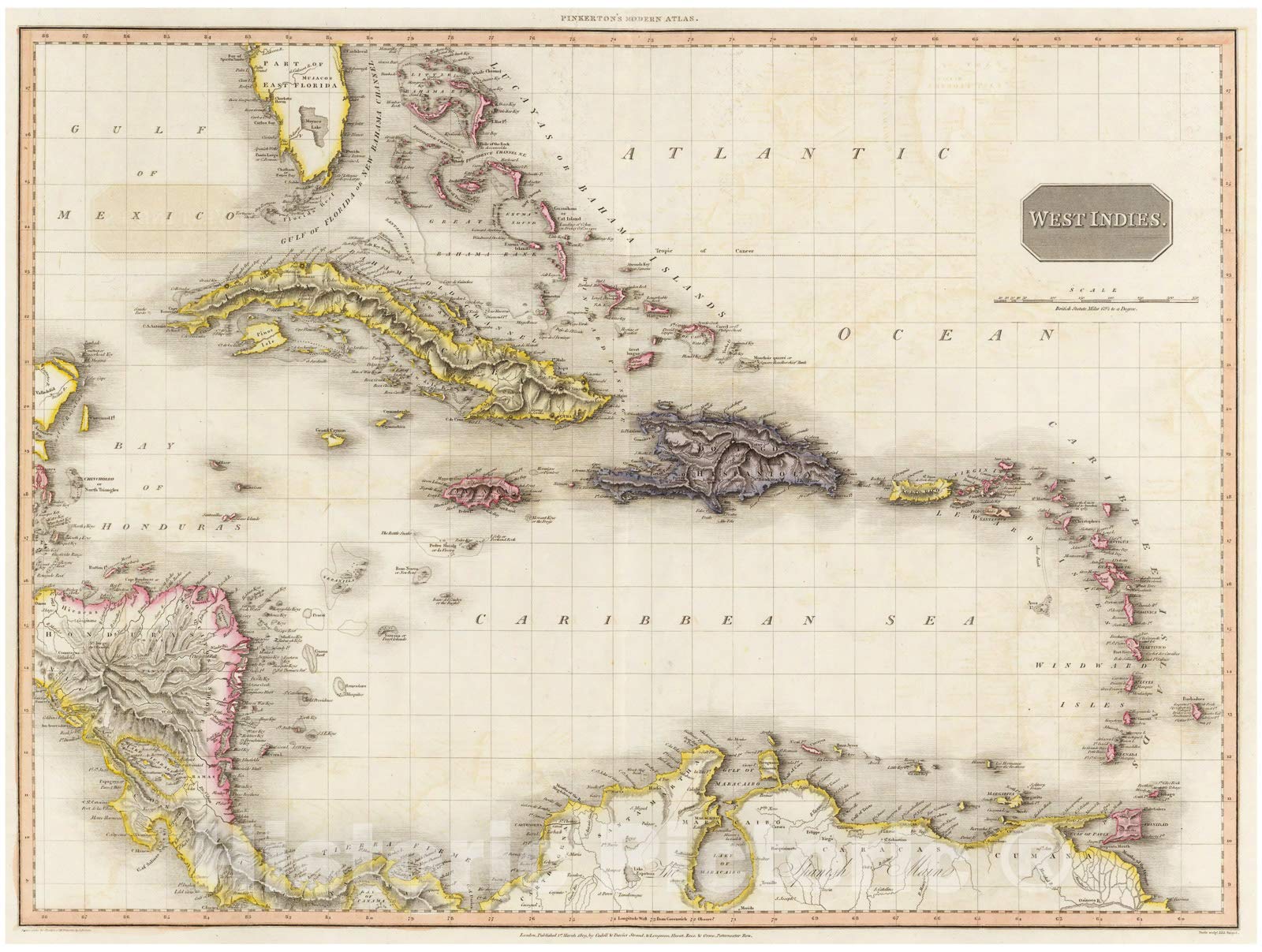 Historic Map : Pinkerton Map of The West Indies, Antilles, and Caribbean Sea, 1818, Vintage Wall Art : 24in x 32in