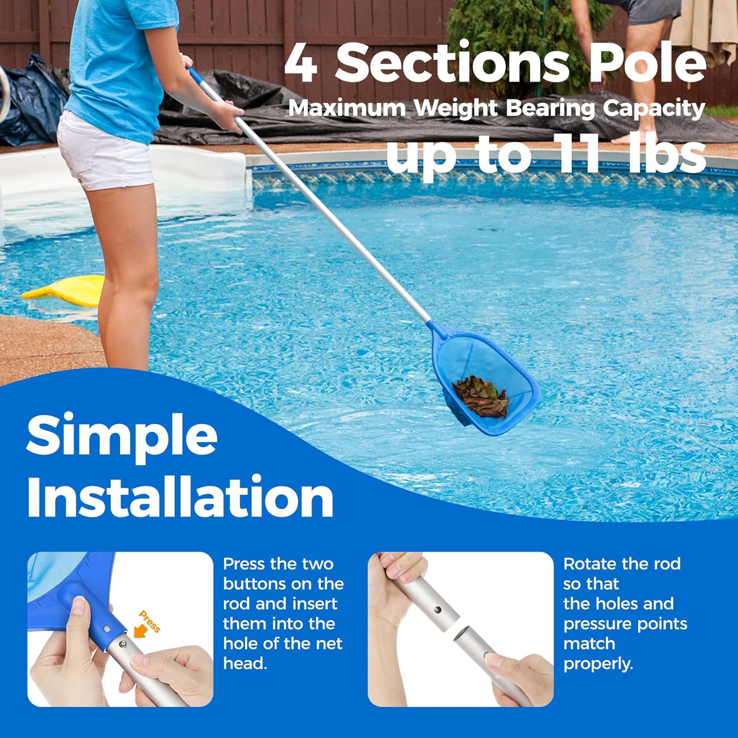 Skiennix Swimming Pool Skimmer Net - 57-Inch Telescopic Aluminum Pole for Quick Cleaning | Ideal for Ponds, Hot Tubs, and Spas