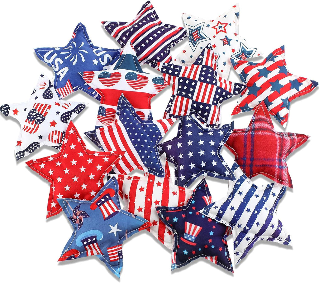 Oudain 15 Pcs Large 5-Inch Patriotic Star Ornaments - Stuffed Fabric Decor for 4th of July, Red White & Blue