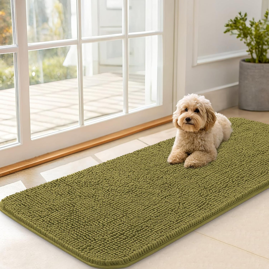 OLANLY Dog Door Mat - Absorbent Non-Slip Washable Chenille Mat for Muddy Paws | 47x20, Willow Green