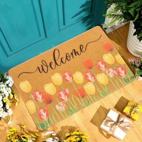 Floral-Welcome-Doormat for Spring-Outdoor Entrance Faux-Coir Entryway-Rug Non-Slip Dirt-Trapping Indoor-Outside Porch 17x30Inch