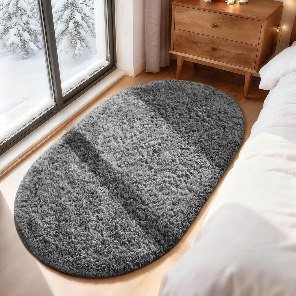 Ophanie 3x5 Oval Rug - Non-Slip Grey Area Rug for Bedroom | Fluffy Dorm & Nursery Decor