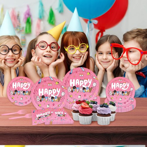 96Pcs Cartoon Pink Dog Tableware Set Disposable Dinnerware for Girls Birthday Party Bday Pink Decorations with Plates and Napkins Sets Serve 24 Guests