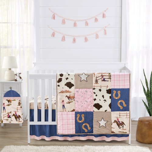 Sweet Jojo Designs 4-Piece Baby Crib Bedding Set (Western Cowgirl) for Girls, Infants/Nursery incl. Blanket, Fitted Sheet, Skirt, Diaper Stacker (Wild West, Cow Print, Vintage, Bandana, Patchwork)