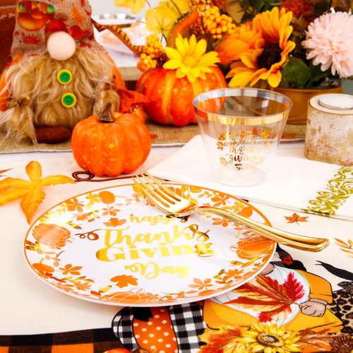 Supernal 175pcs Thanksgiving Plastic Dinnerware Set,Disposable Plates with Gold Plastic Silverware and Cups,Pumpkin and Maple Leaf Design for Thanksgiving Day Party