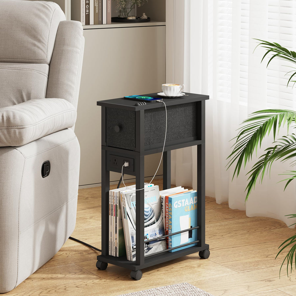 DGSANDGO 2 Pack Black Narrow End Side Table Slim Nightstand with Charging Station (2 USB + 1 AC Outlet), Fabric Drawer & Mute Wheels for Minimalist Small Spaces, Bedroom, Living Room, Office, Couch