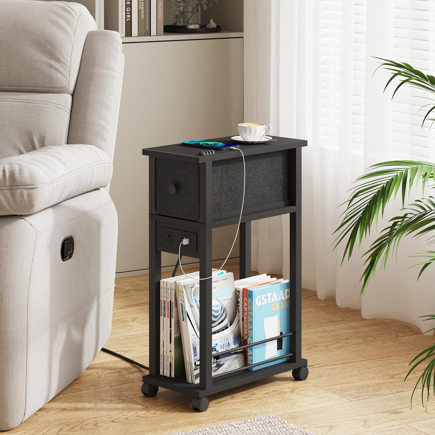 DGSANDGO 2 Pack Black Narrow End Side Table Slim Nightstand with Charging Station (2 USB + 1 AC Outlet), Fabric Drawer & Mute Wheels for Minimalist Small Spaces, Bedroom, Living Room, Office, Couch