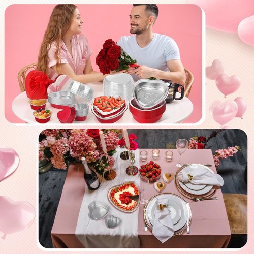 Fovths 60 Pieces Heart Shaped Cake Pans with Lids Extra Large Aluminum Foil Cupcake Pans 3.4 Oz, 9 Oz, 23 Oz Disposable Flan Baking Cups for Valentine Day Kitchen Birthday Wedding Party Baking Supply