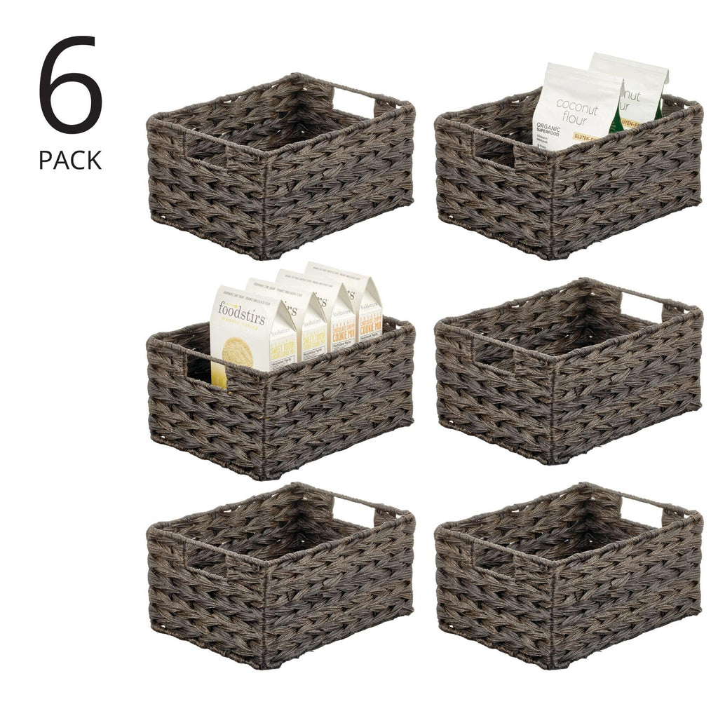 mDesign Woven Farmhouse Kitchen Pantry Food Storage Organizer Basket Bin Box - Container Organization for Cabinets, Cupboards, Shelves, Countertops - Store Potatoes, Onions, Fruit, 6 Pack, Camel Brown