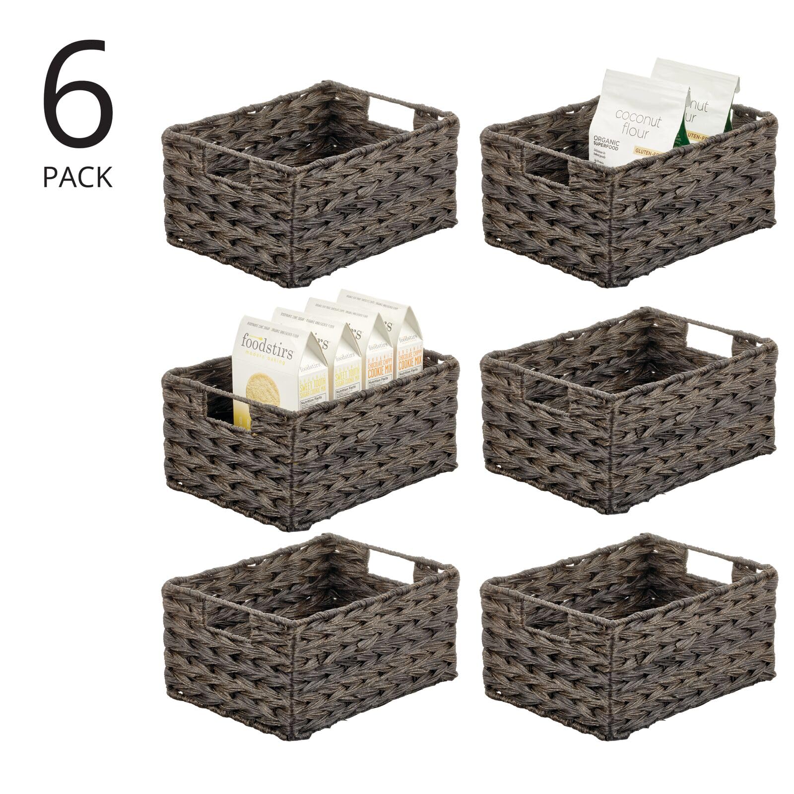 mDesign Woven Farmhouse Kitchen Pantry Food Storage Organizer Basket Bin Box - Container Organization for Cabinets, Cupboards, Shelves, Countertops - Store Potatoes, Onions, Fruit, 6 Pack, Camel Brown