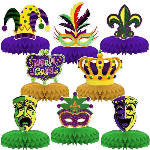Mardi Gras Theme Party Decorations,8 PCS KSKSPE Mardi Gras Centerpieces for Tables Honeycomb Centerpieces 3D Mardi Gras Theme Party Decor Supplies Boys Girls