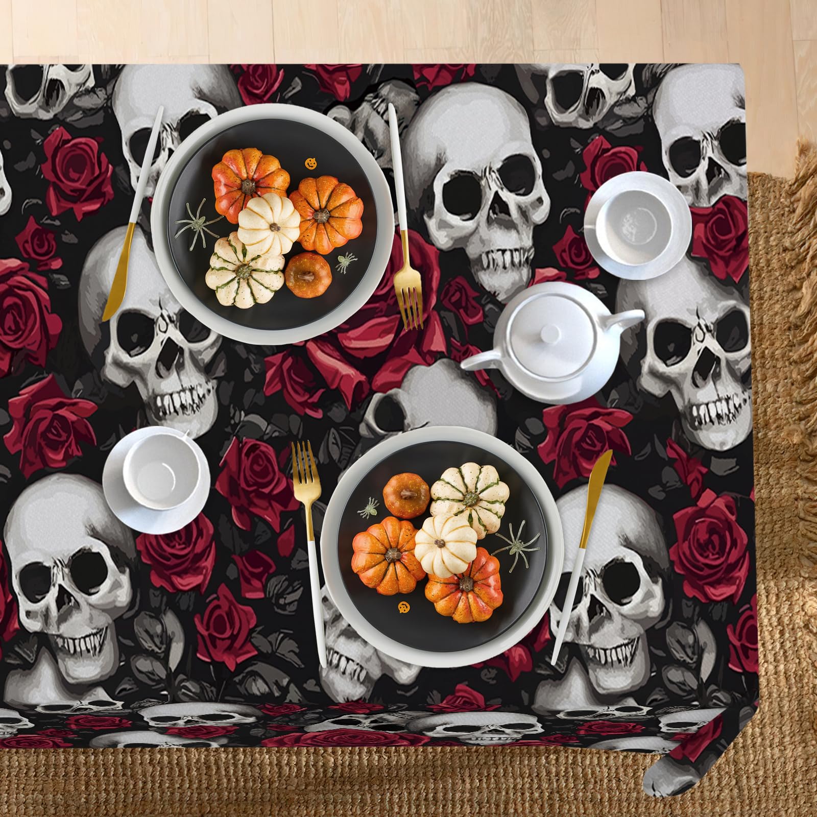 Livcoz Halloween Gothic Skull Rose Square Tablecloth 70 x 70 Inches, Horror Skeleton Red Flowers Decorative Dining Table Cloth, Scary Creepy Floral Dinner Tablecover Picnic Party Decoration