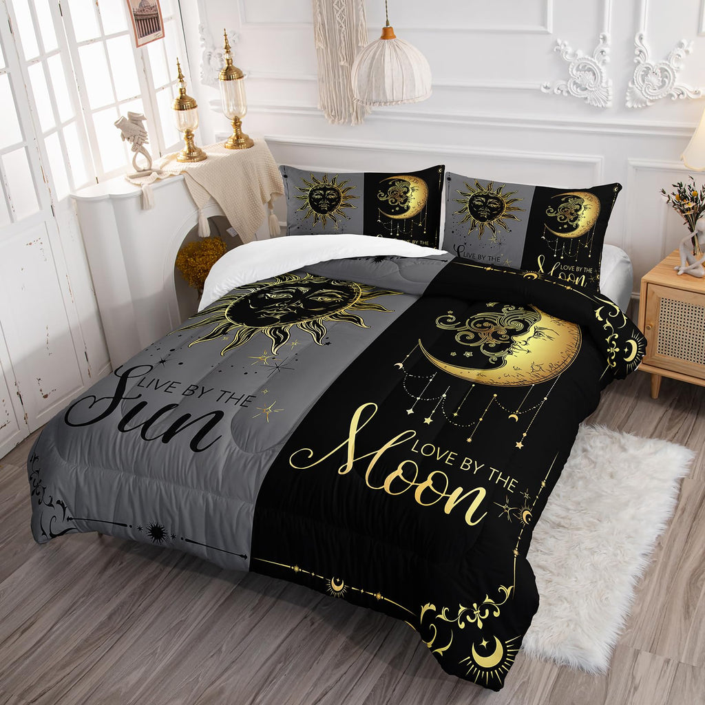 Ntlfup Moon and Sun Bedding Set Queen Size， Boho Style 3pcs Bedding Set, Grey and Black Comforter Home Decoration