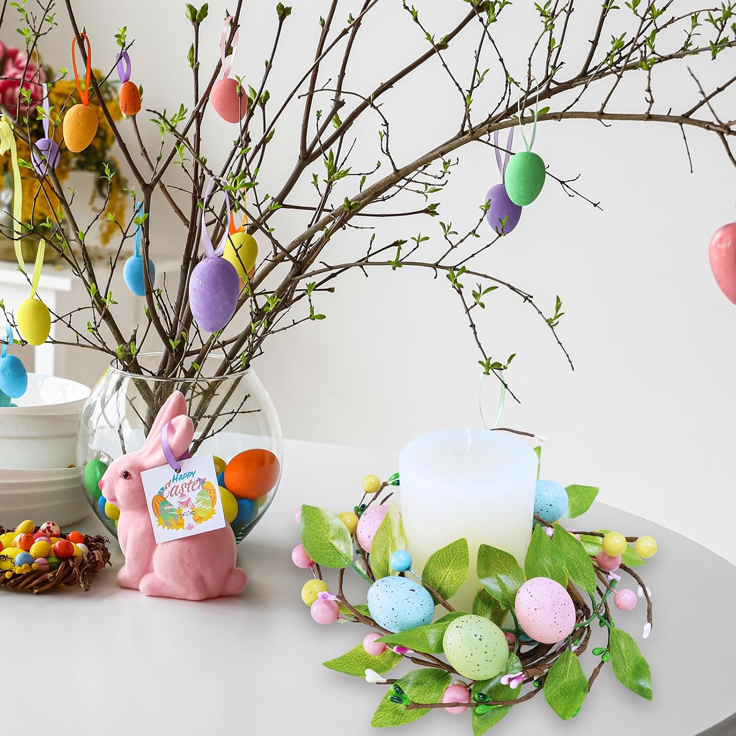 Winlyn Easter Egg Candle Rings - 4 Pcs Spring Wreaths with Pastel Eggs & Foliage | 11" Holiday Decor