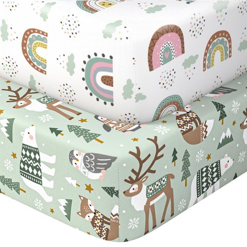 IOCCLH Pack N Play Sheets Fitted, 2-Pack Fit for Standard Pack N Play Mattress, Mini Crib Sheets,Breathable Soft Unisex Playard Sheets (Polar Bear & Green Rainbow)