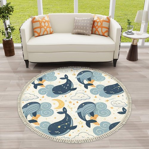 Ocean Beach Area Rugs Cute Whales Sleeping Clouds Fantasy Marine Animal Round Boho Area Rug Carpet Playmat Washable Hallway Runner Mat for Nursery Kid Room Bedroom Decoration Children Gift 4ft