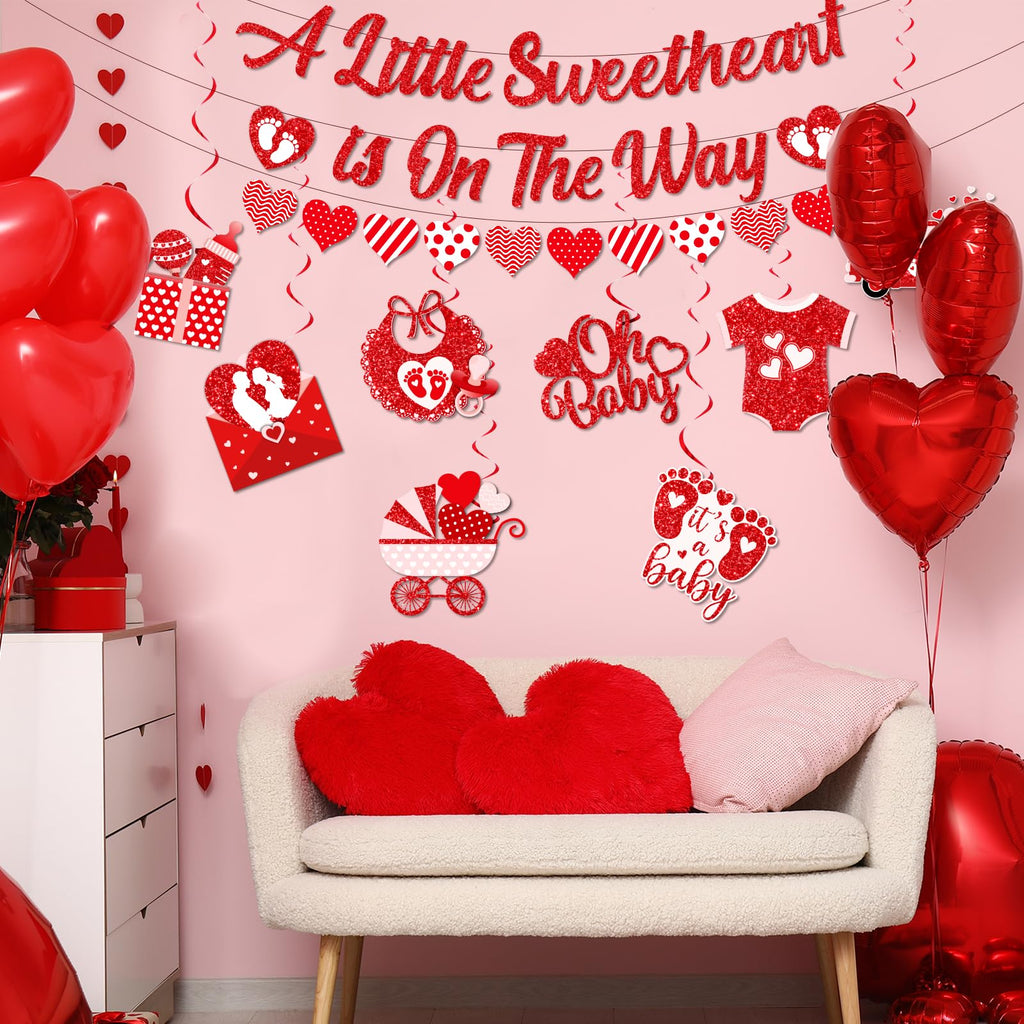 Valentines Baby Shower Decorations, A Little Sweetheart Is On The Way Banner and Red Baby Shower Decorations Hanging Swirls, Sweetheart Decorations for Valentines Day Baby Shower Party