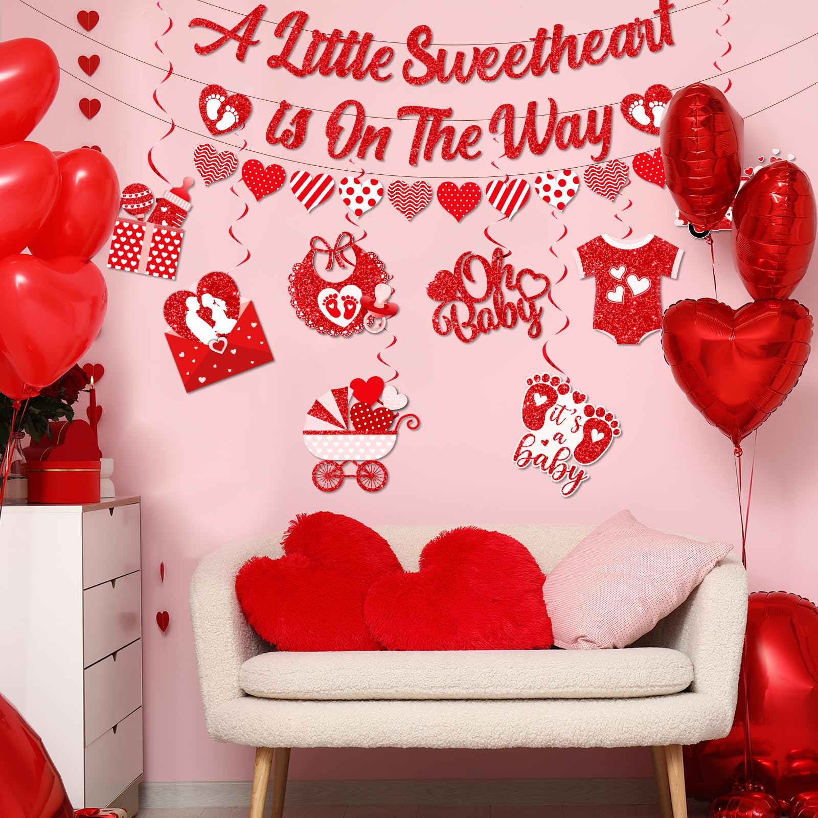 Valentines Baby Shower Decorations, A Little Sweetheart Is On The Way Banner and Red Baby Shower Decorations Hanging Swirls, Sweetheart Decorations for Valentines Day Baby Shower Party
