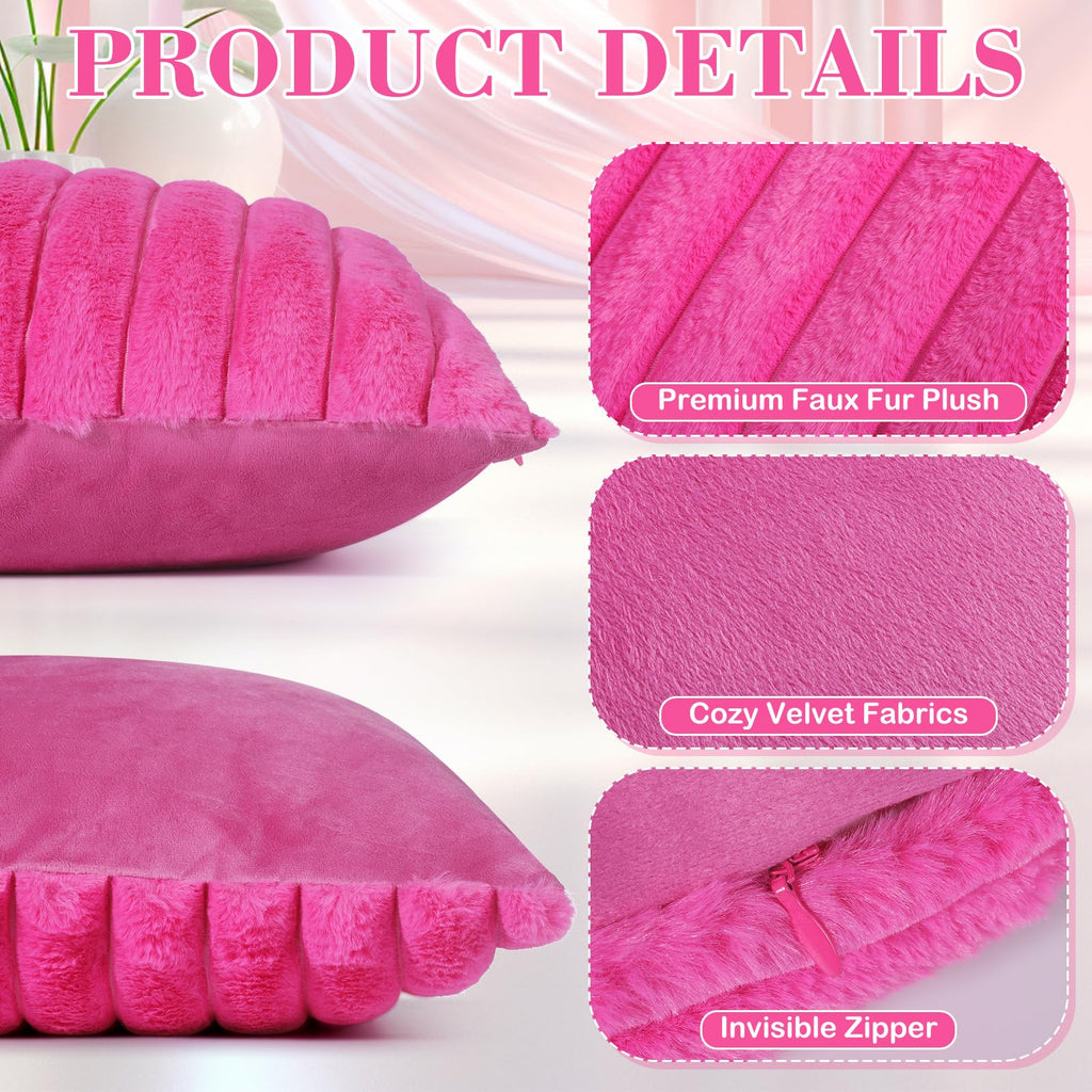 Peryiter Set of 6 Hot Pink Throw Pillow Cover White Pink Pillowcase Decorative Seat Cushion Case 18" x 18" Soft Velvet Fluffy Striped Pillowcase for Spa Sleepover Party Supply Coquette Outdoors Picnic