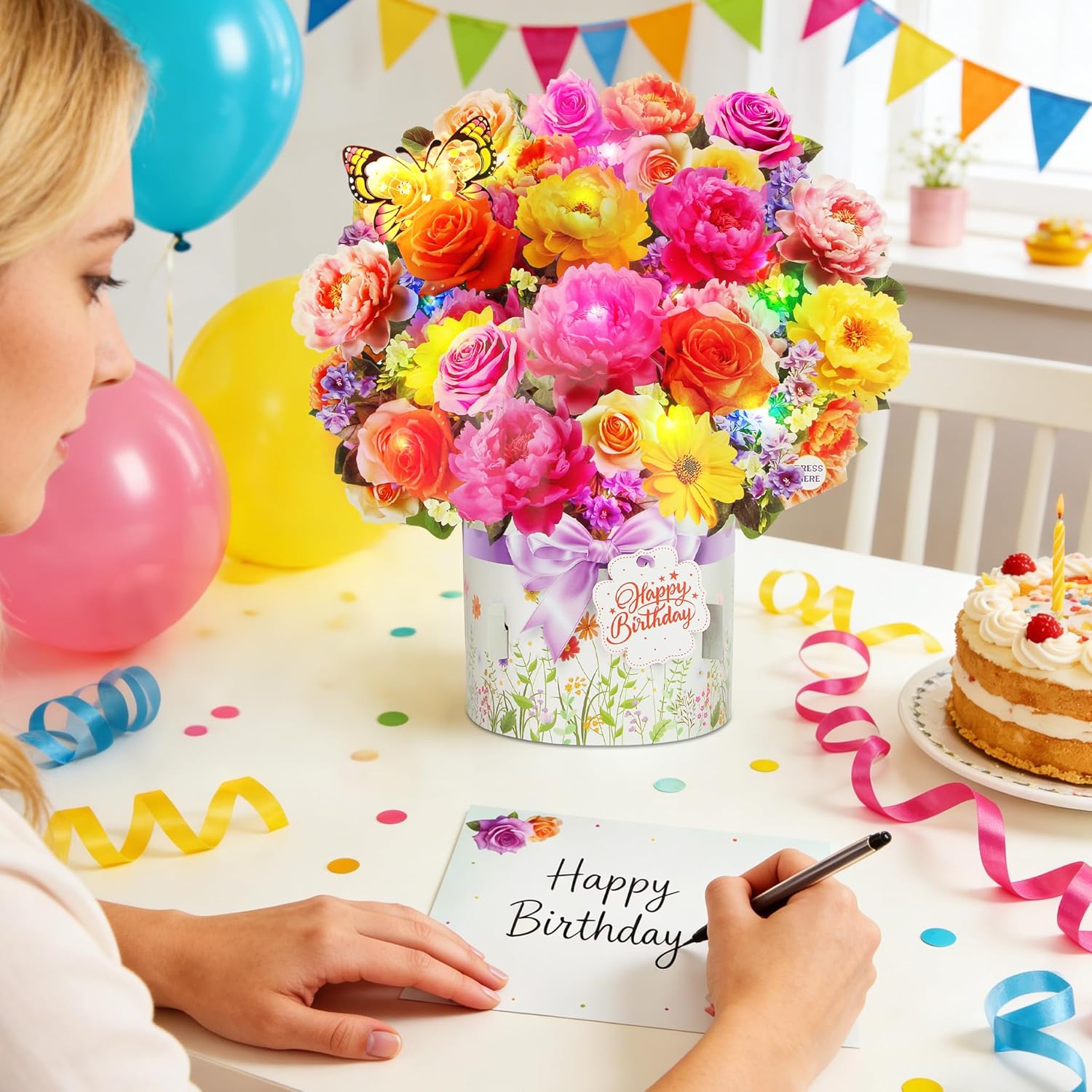 XTF2015 Birthday Cards - Musical & Light-Up Happy Birthday Card | 3D Peony & Butterfly Design