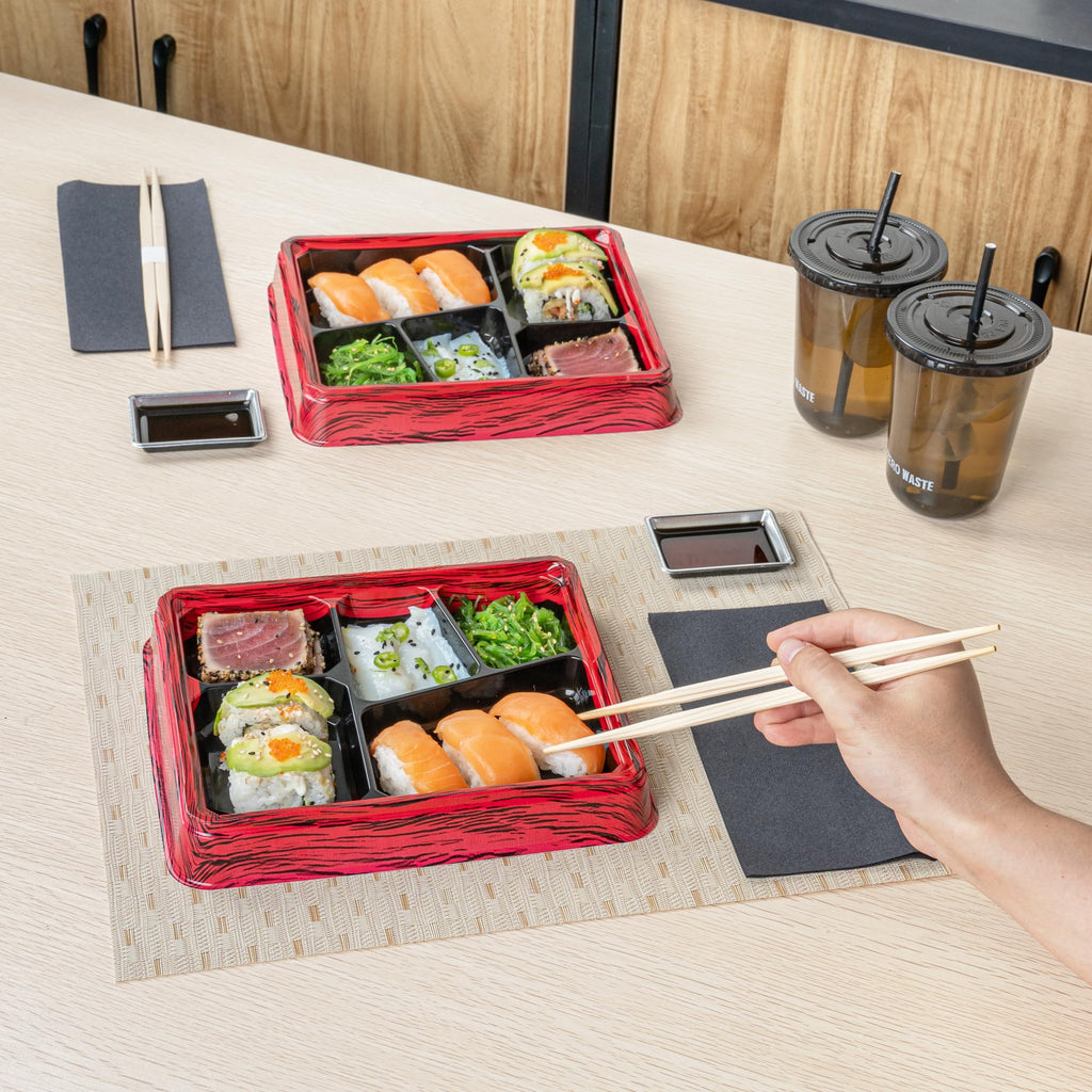 Restaurantware-Bento Tek 18.3 Ounce Meal Prep Containers, 100 Disposable To Go Food Boxes - Lids Sold Separately, 5 Compartments, Red And Black Plastic Bento Lunch Boxes, Freezable, For Take Out