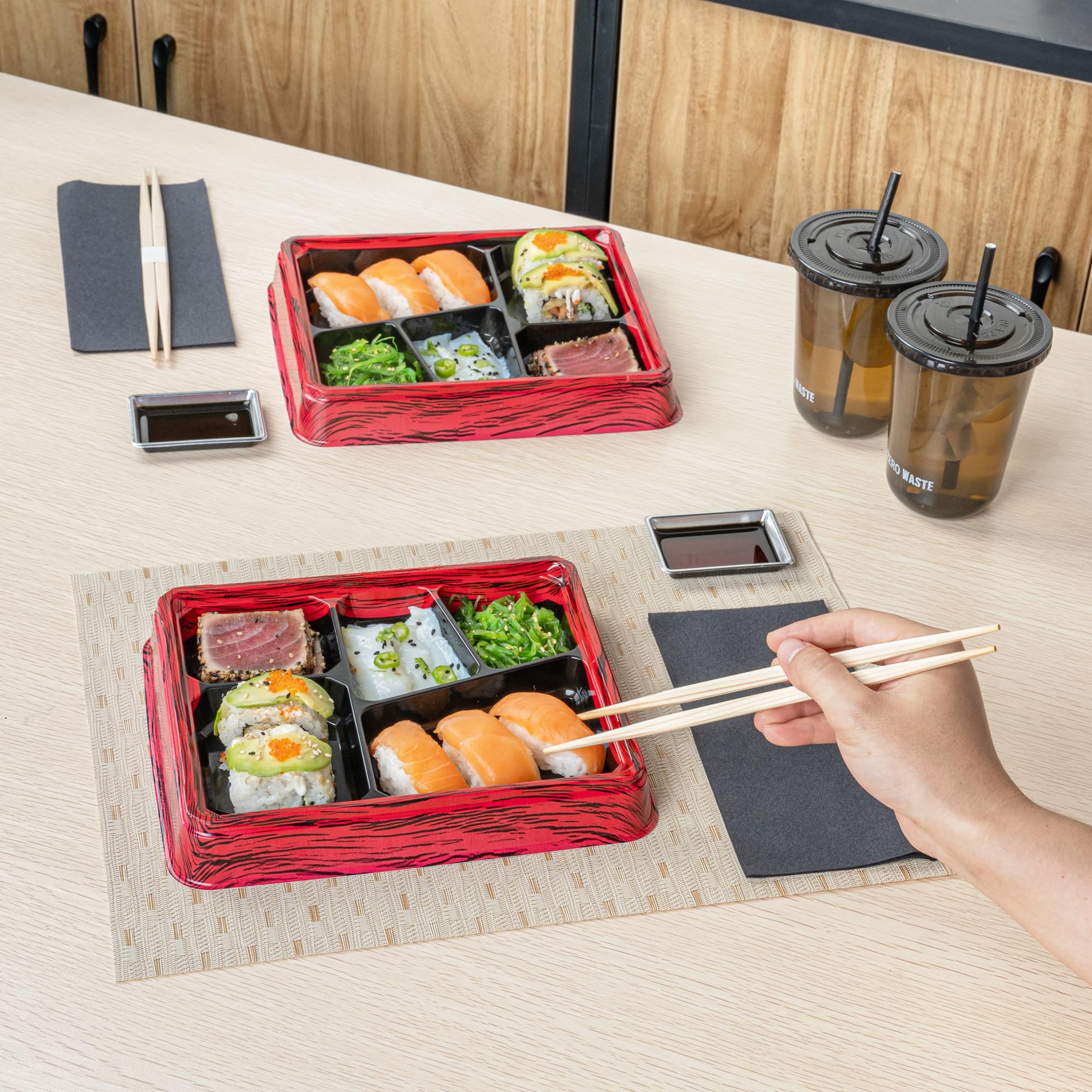 Restaurantware-Bento Tek 18.3 Ounce Meal Prep Containers, 100 Disposable To Go Food Boxes - Lids Sold Separately, 5 Compartments, Red And Black Plastic Bento Lunch Boxes, Freezable, For Take Out