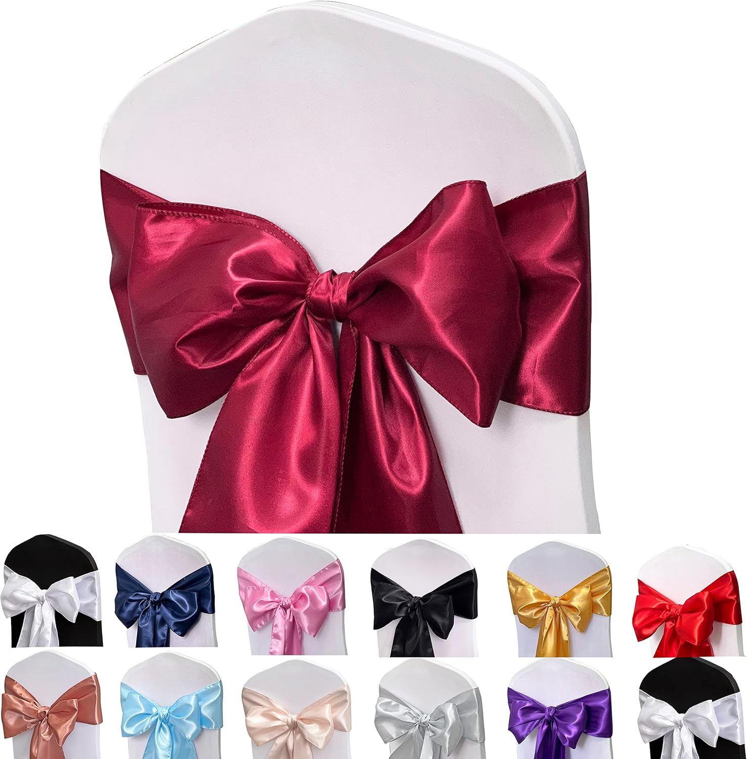 Regine Switzerland Satin Chair Sashes - 50PCS Burgundy Ribbon Ties for Wedding & Event Decor