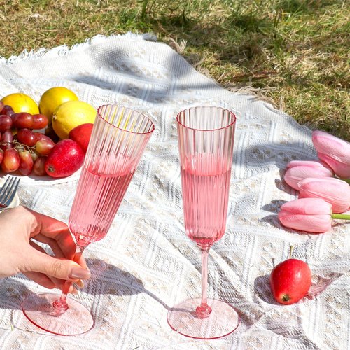 48 Pack Plastic Champagne Flutes Pink Unbreakable Ribbed Champagne Glasses Detachable 5.5 Oz Disposable Stemware Glasses Wine Toasting Cups for Wedding Valentines Engagement Pink Themed Party