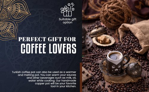 DEMMEX 15 Oz Thickest Copper Turkish Greek Arabic Coffee Pot, Stovetop Coffee Maker, Cezve Ibrik Briki with Wooden Handle & Spoon, Hand Engraved (Matte Copper, 6 Servings)