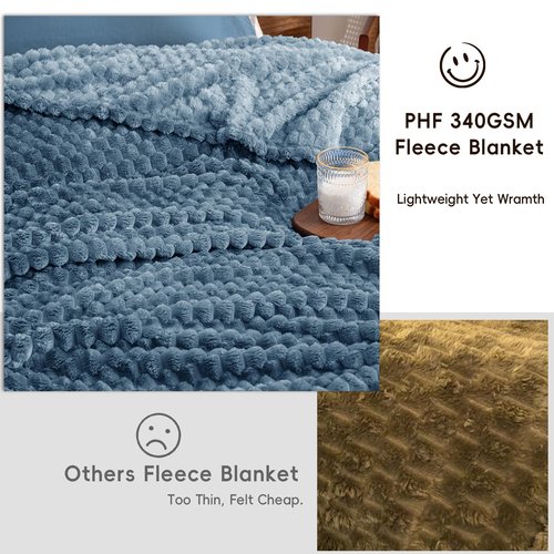 PHF Ultra Soft Flannel Fleece Blanket Queen Size, Lightweight 3D Jacquard Fleece Blanket, No Shedding, No Pilling, Luxury 340GSM Aesthetic Fluffy Cozy for Bed Room Decor, 90"x90", Denim Blue