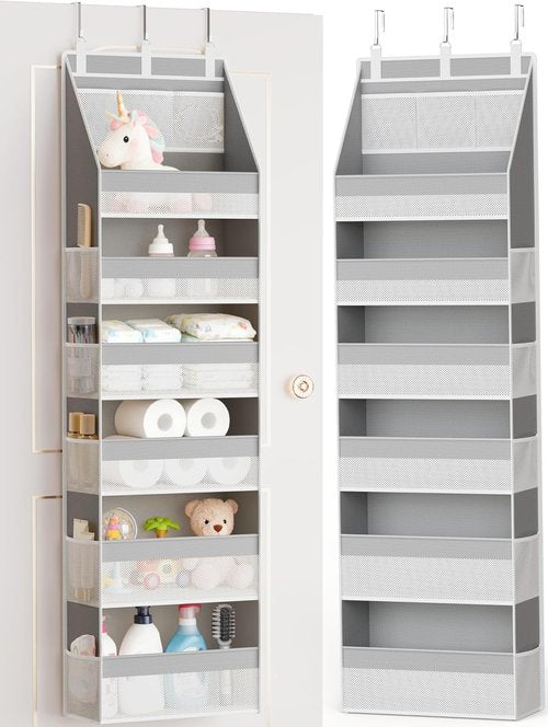 Criusia Over The Door Organizer - Heavy-Duty 6-Shelf Storage with 13 Mesh Pockets | 55lbs Capacity, Grey