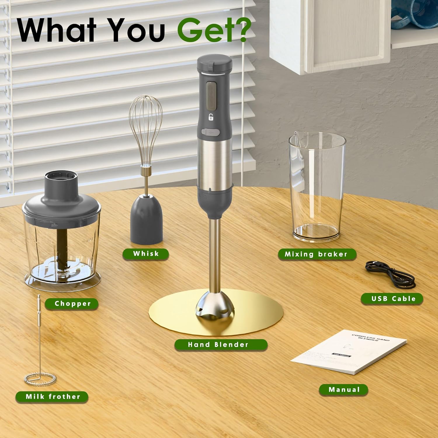 Skiennix Cordless Immersion Hand Blender - 5-in-1 Variable Speed, Rechargeable 2000mAh Battery, BPA-Free Accessories, Grey