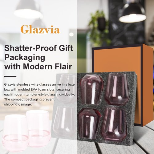 GLAZVIA Pink Stemless Wine Glasses Set of 6, 15oz Drinking Glassware Dishwasher Safe, Wine Glass Tumblers for Red or White, Gift for Party, Holiday, Anniversary, Restaurant, Home Bar, Daily Use