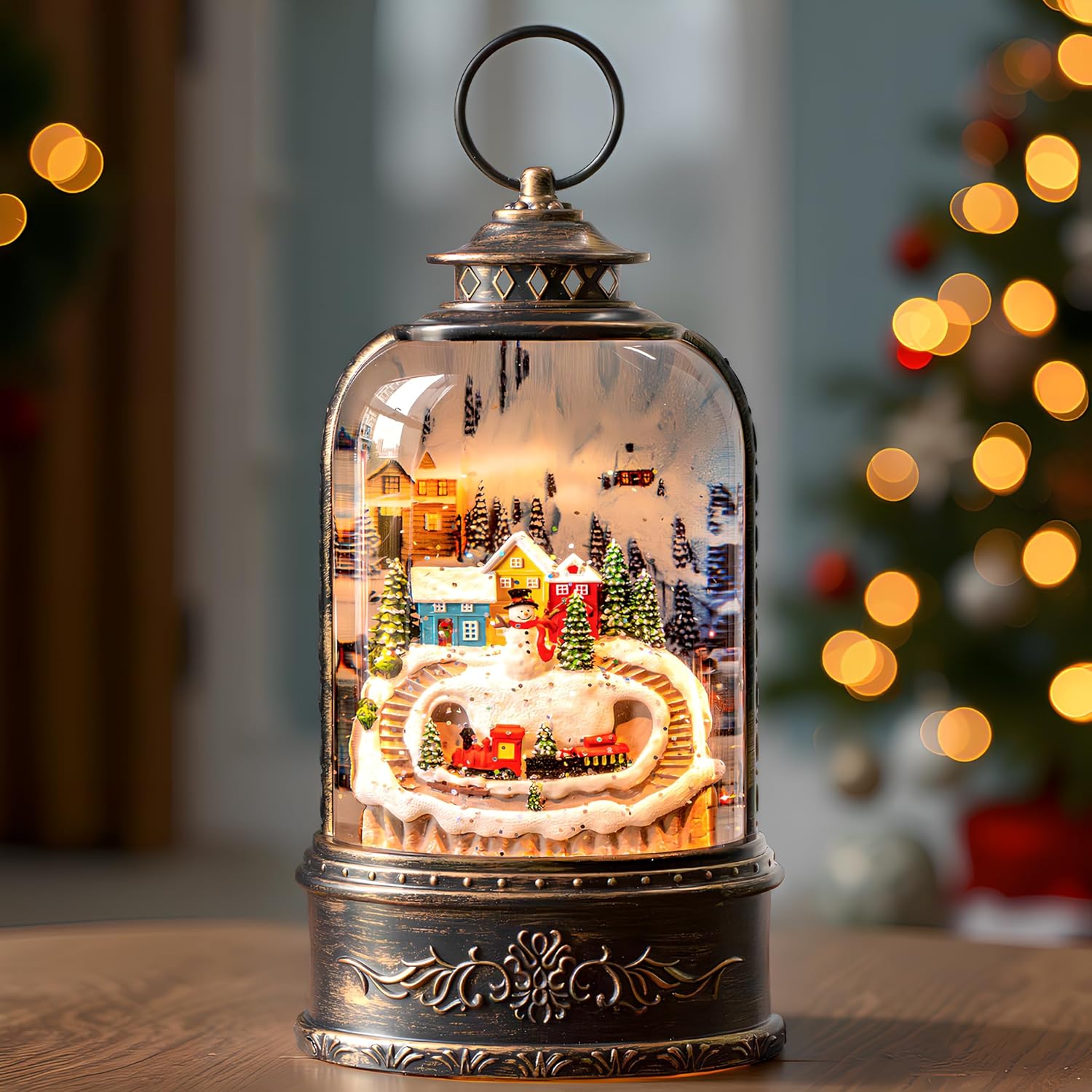 Skiennix Christmas Snow Globe Lantern - Glittering Snowman & Train with Music | USB & Battery Operated