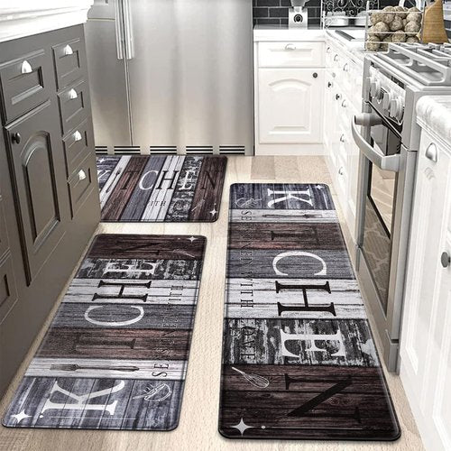 CHICNOOK PVC Farmhouse Kitchen Mats for Floor Set of 3, Wooden Board Theme Kitchen Rugs, Kitchen Rugs Non-Slip Washable, Anti Fatigue Kitchen Mat for Sink Office Laundry,18"x30"+18"x48"+18"x60" Inches